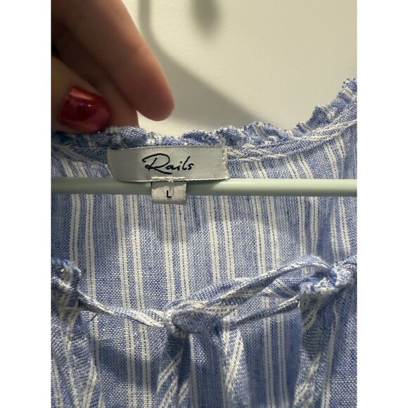 Rails Large L Blue Ludlow Stripe V Tie Neck Short Sleeve Linen Mini Dress - Picture 2 of 4